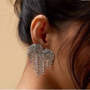 NWT Free People Hearts on Fire Dangle Earrings Rhinestone Heart Fringe